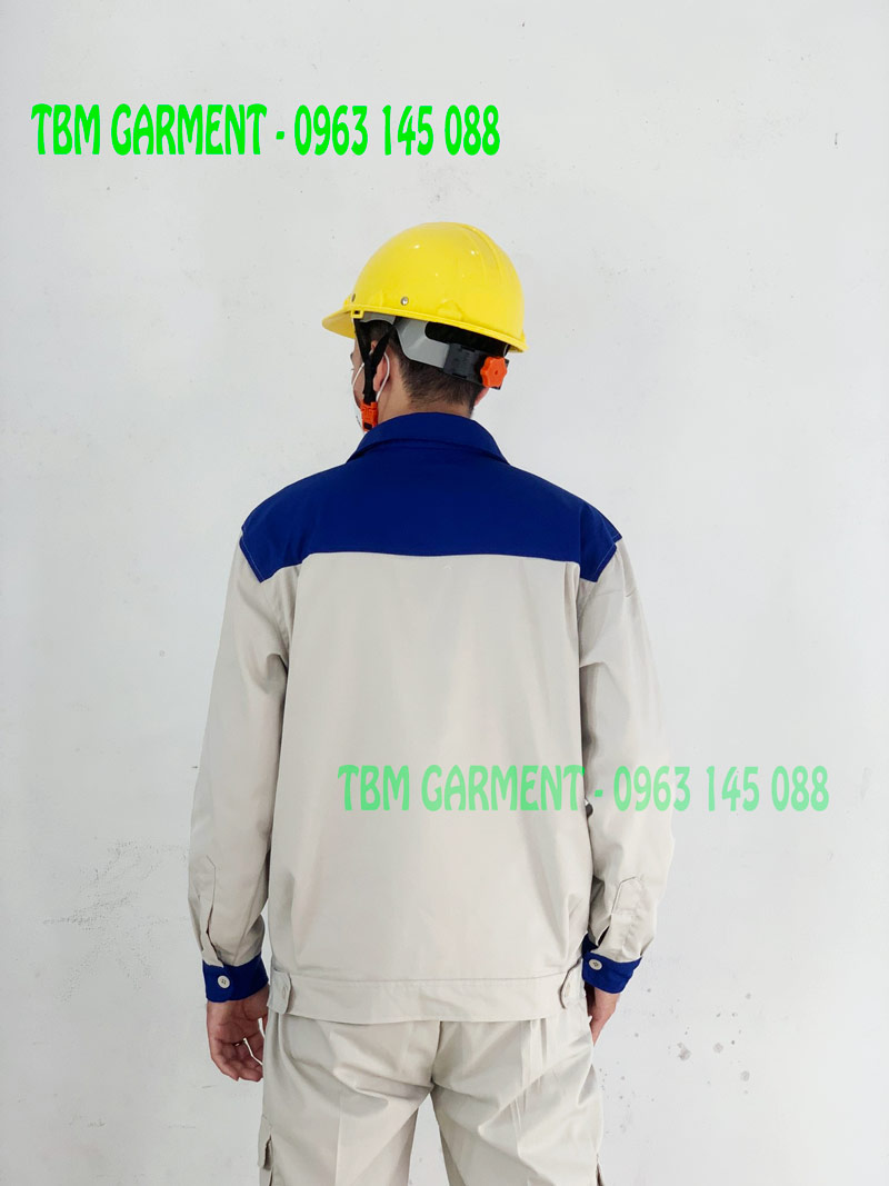 Bộ quần áo bảo hộ cao cấp kem phối xanh vải Kaki Pangrim Hàn Quốc - Mã BHLĐ001