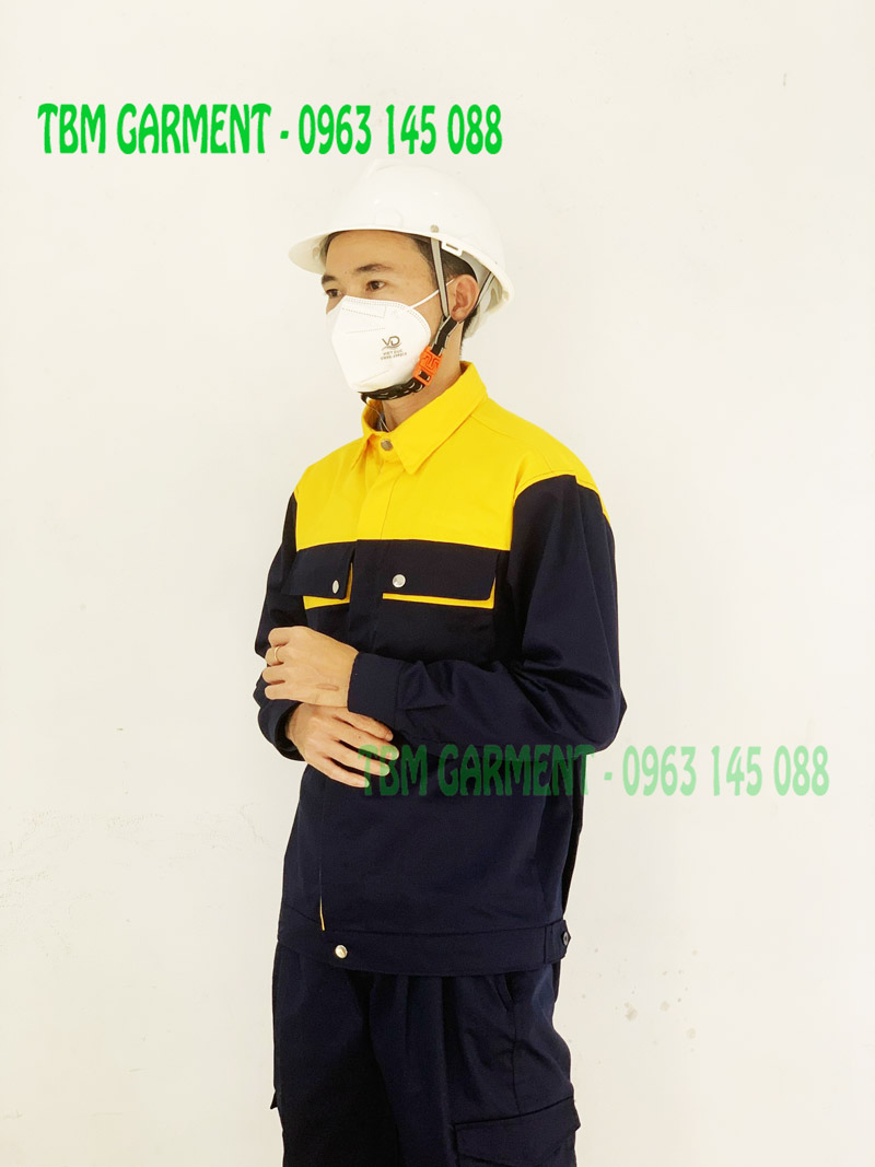 Bộ quần áo bảo hộ cao cấp xanh đen phối vàng vải Kaki Pangrim Hàn Quốc - Mã BHLĐ004