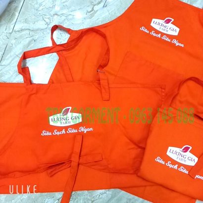 Bộ đồng phục tạp dề và nón kết màu cam cho nhân viên siêu thị, cửa hàng tiện lợi LƯƠNG GIA FARM