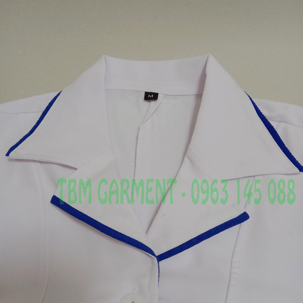 [Có sẵn] Mẫu áo blouse trắng dược sĩ cao cấp Cotton Hàn có phối viền xanh bích
